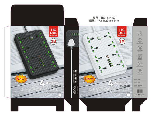 چندراهی برق 8 خانه HG‑1248C با 4 پورت USB و 2 پورت Type‑C | کابل 3 متری | فروش عمده